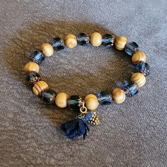 HANDMADE Wood Blue Cathedral Czech Glass Beaded Stretch Bracelet - Picture 3 of 5